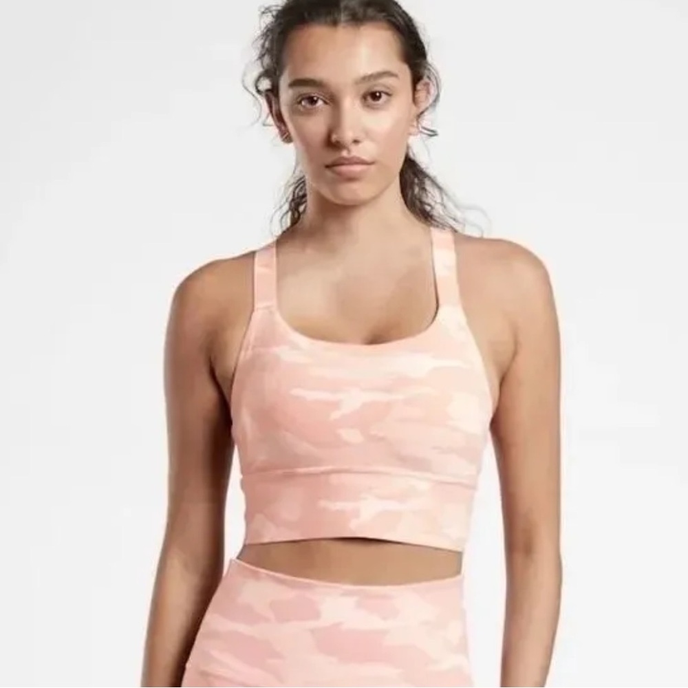 Athleta Bra Womens Large Pink Camo Warrior Longline Yoga Crossback Sports Top L
